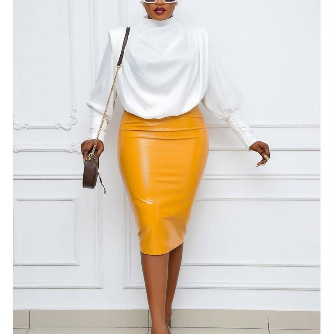 Women Leather Pencil Skirt in Yellow 99 POSH MALL