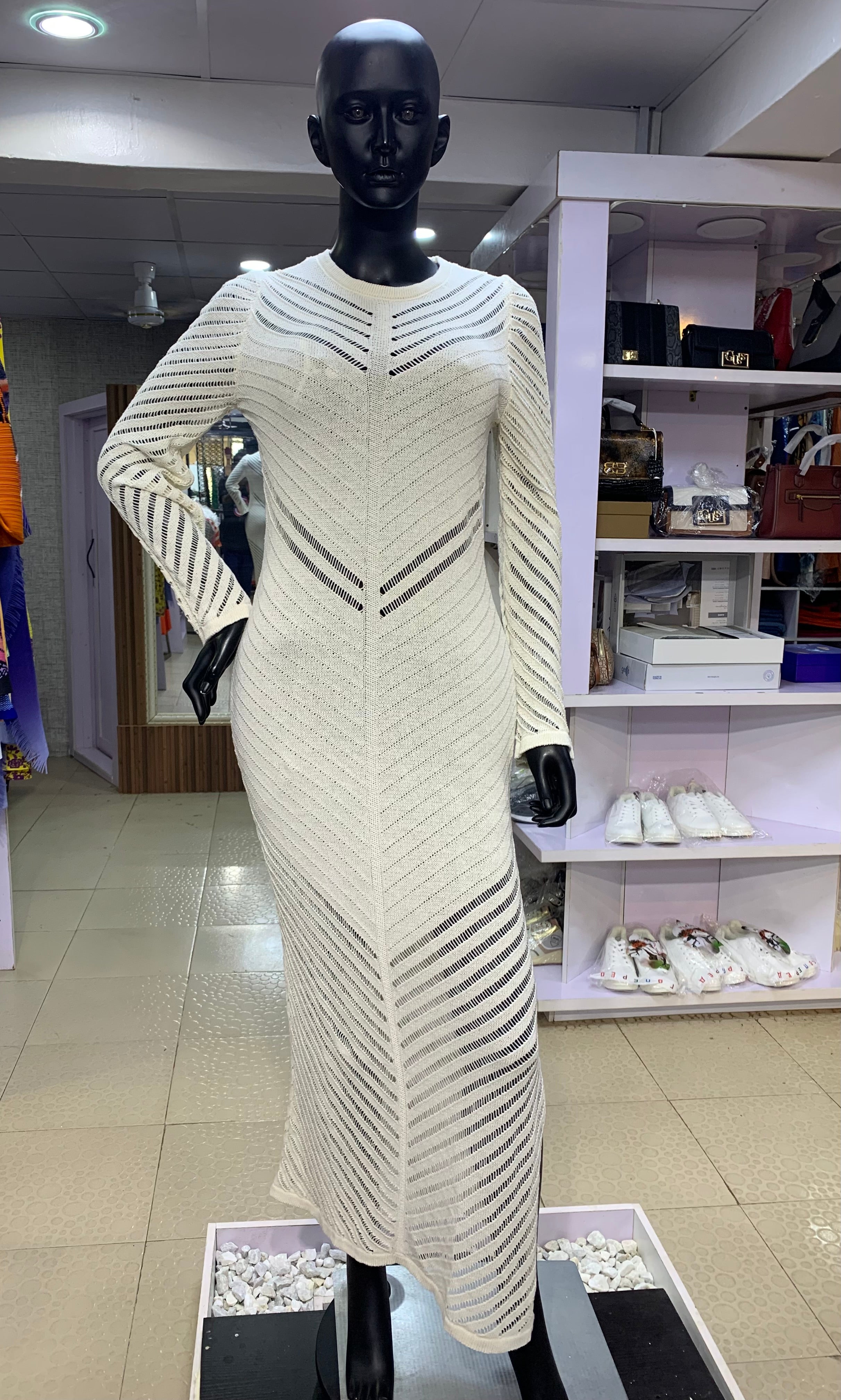 Chic Mesh Bodycon Knit Dress – Long Sleeve | Available in White & Black