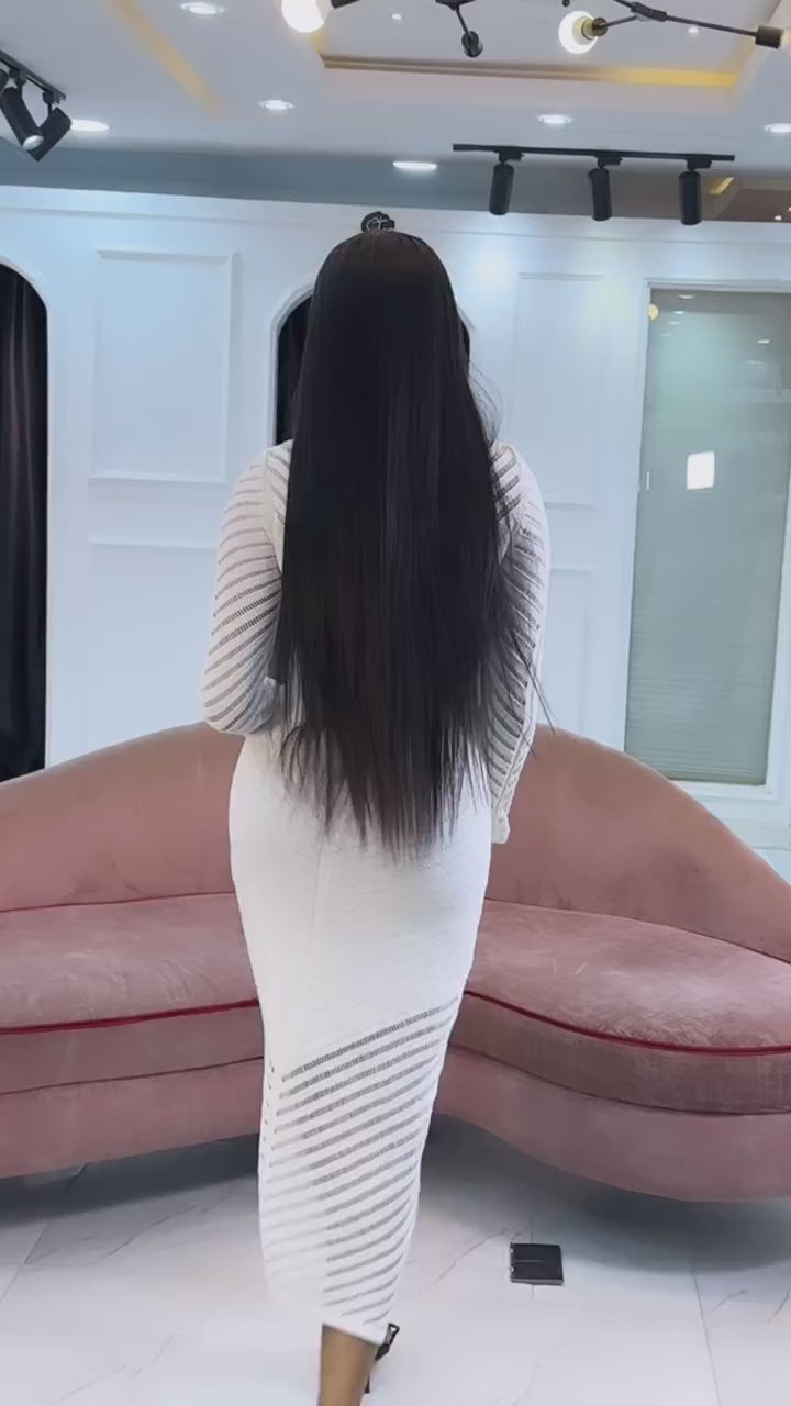 Chic Mesh Bodycon Knit Dress – Long Sleeve | Available in White & Black