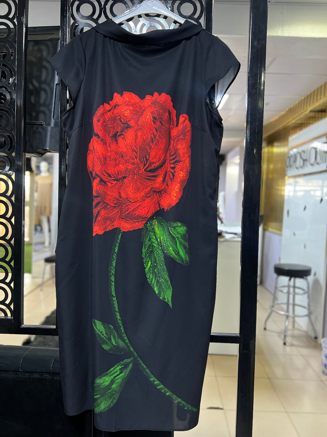 Bold Bloom Sheath Dress (Black Dress with Red Rose)