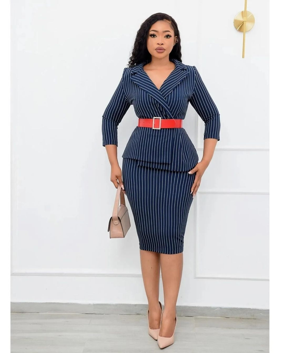 Women Office Stripped 2 piece Skirt Suit Set in