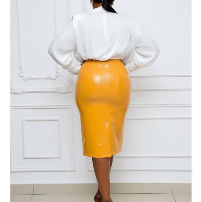 Women Leather Pencil Skirt in Yellow