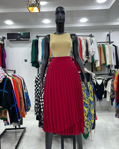 Red Pleated Shark-bite Midi Skirt