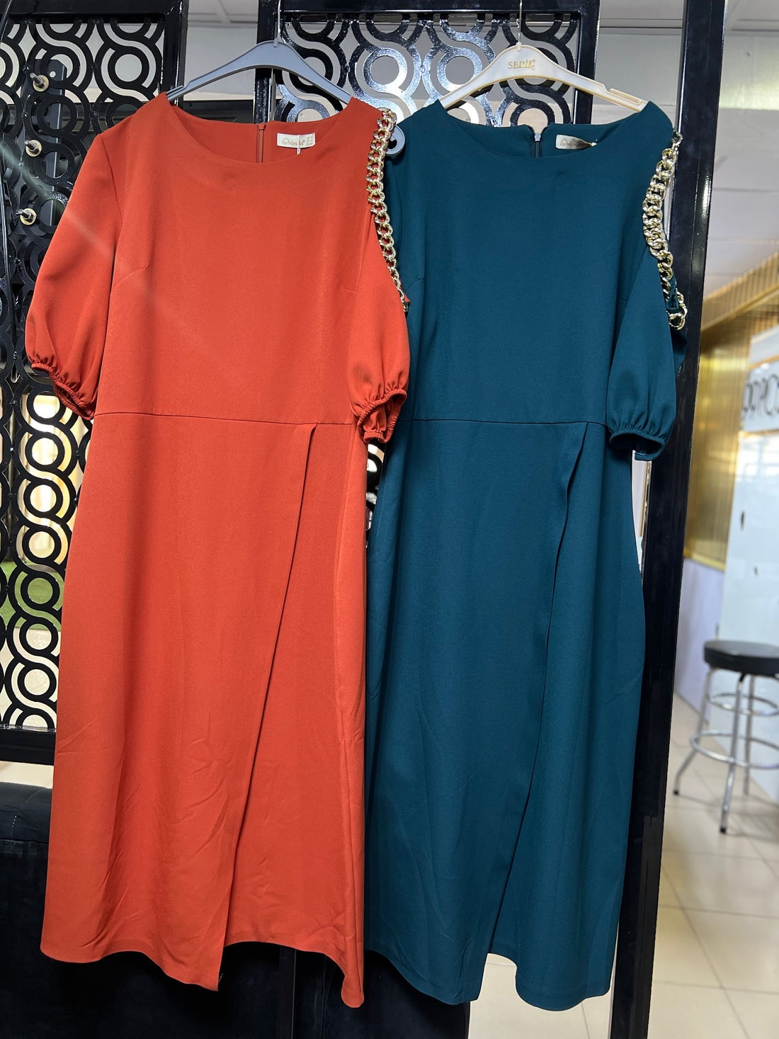 Chain Accent Midi Dresses (Orange and Teal Dresses)