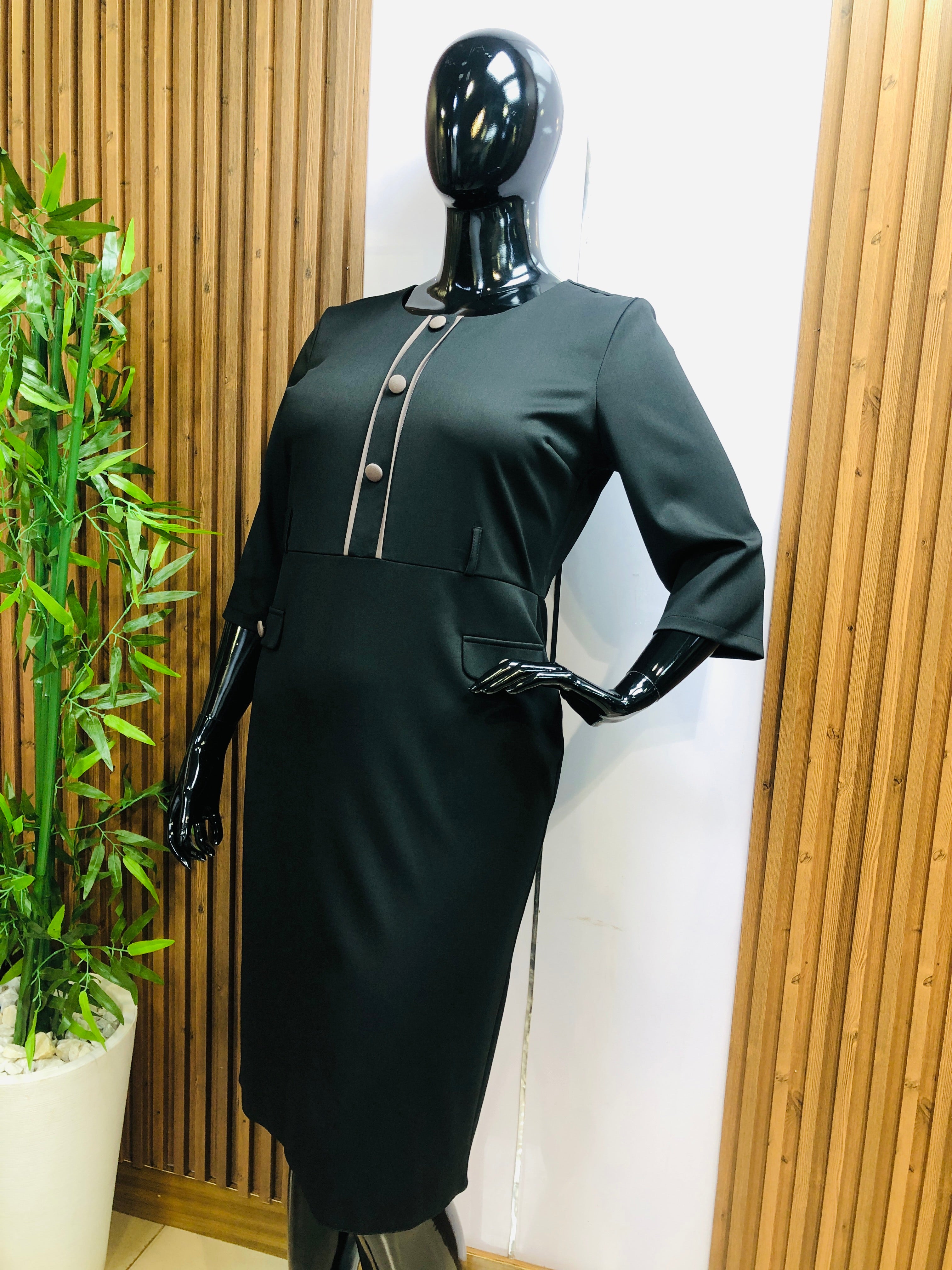 Sophisticated Black Pencil Midi Dress for Work
 (4250)