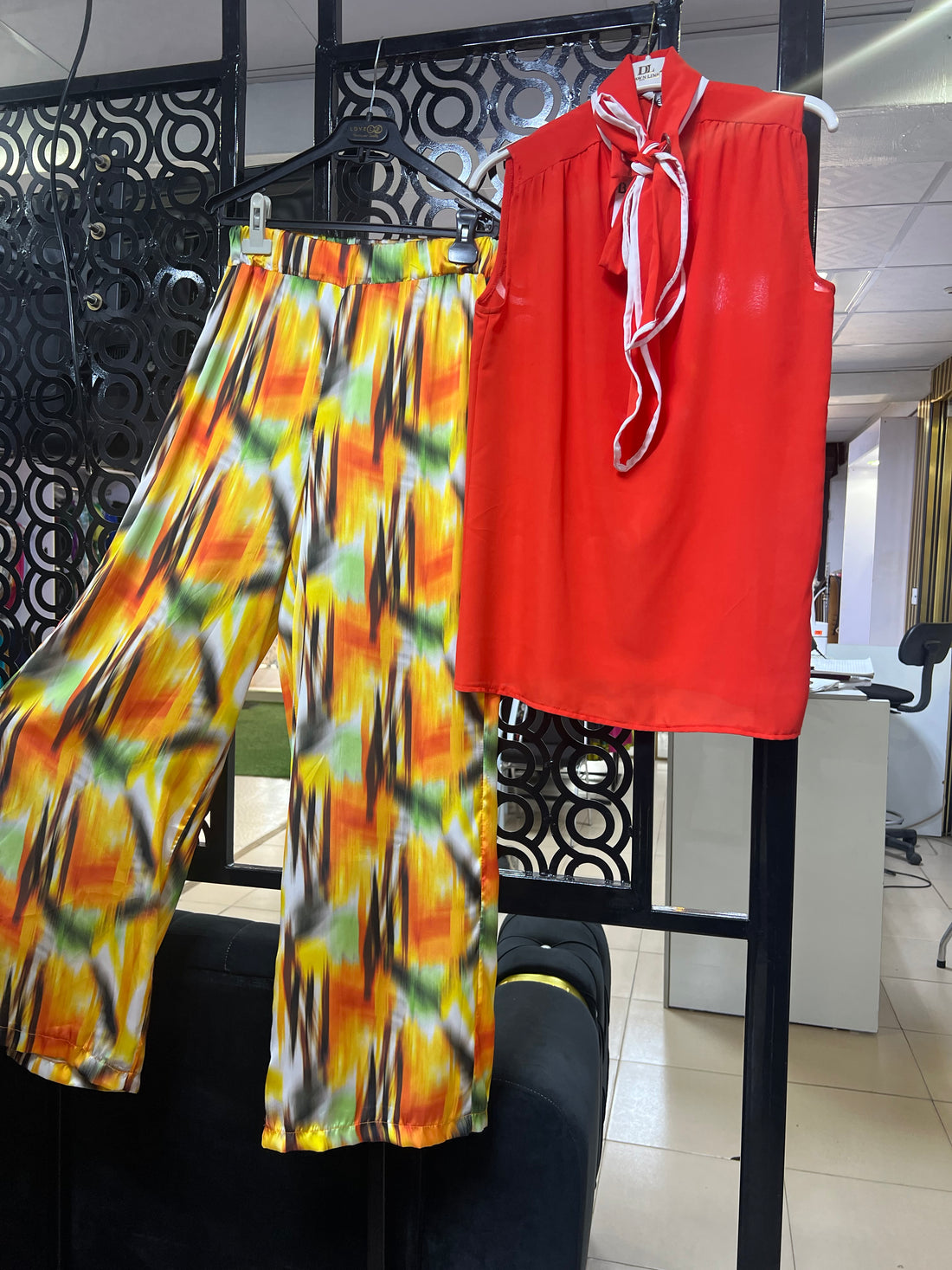 Vivid Glam Wide-Leg Set (Orange and Multicolor Pants with orange Top)