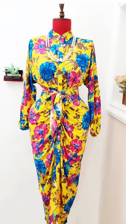 Ladies Floral Runched Midi Shirt Dress