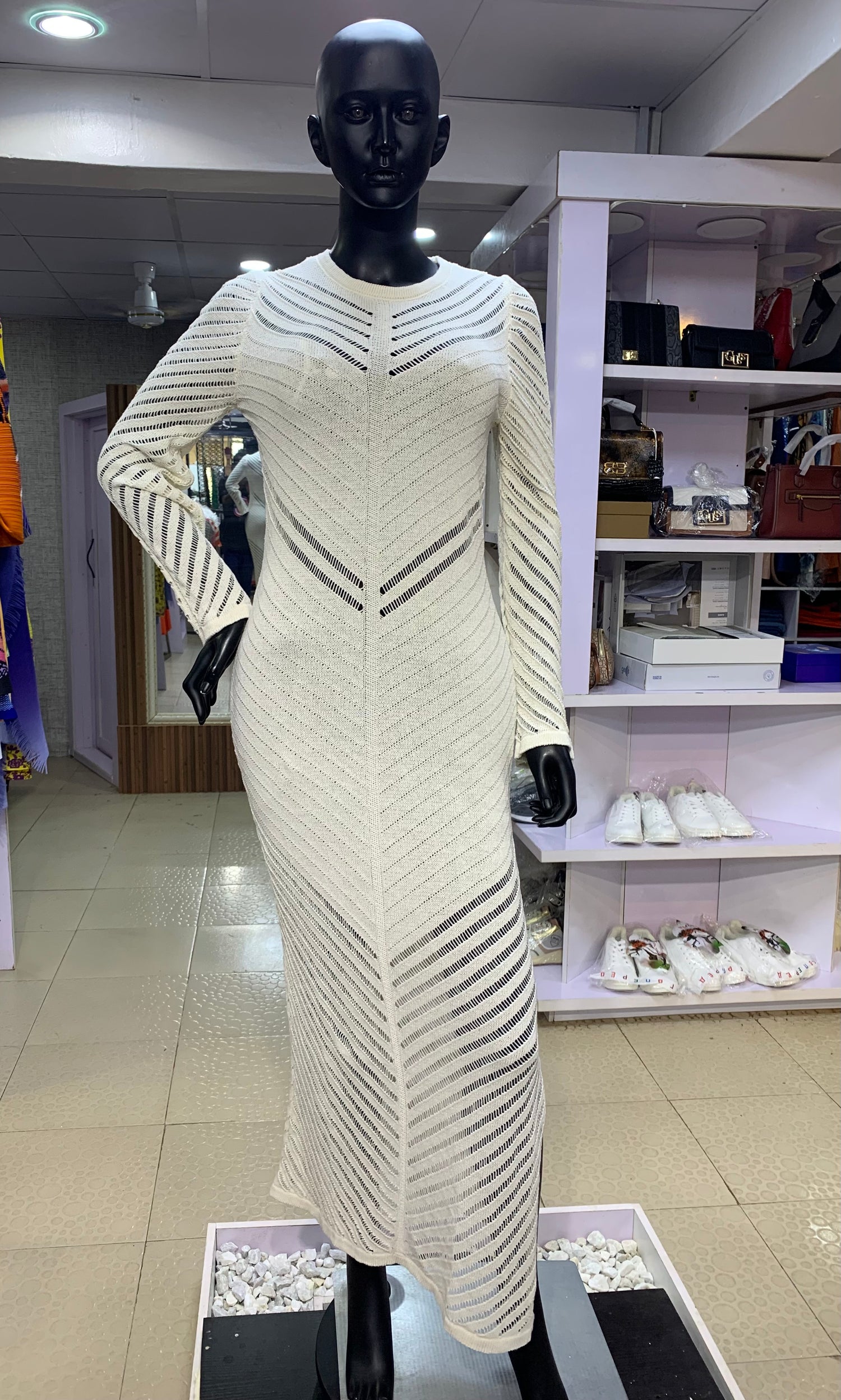 Chic Mesh Bodycon Knit Dress – Long Sleeve | Available in White &amp; Black