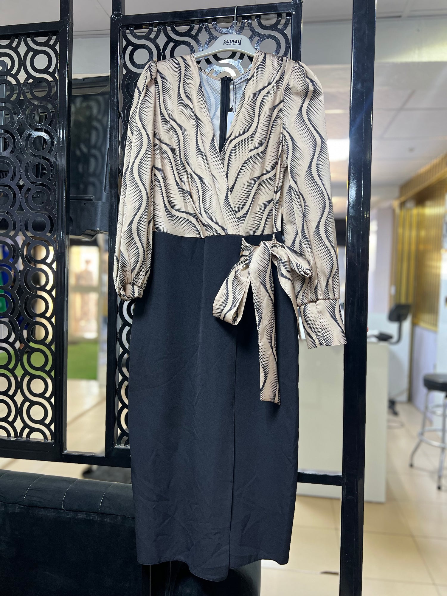 Elegant Wrap Midi Dress (Black and Beige Dress)