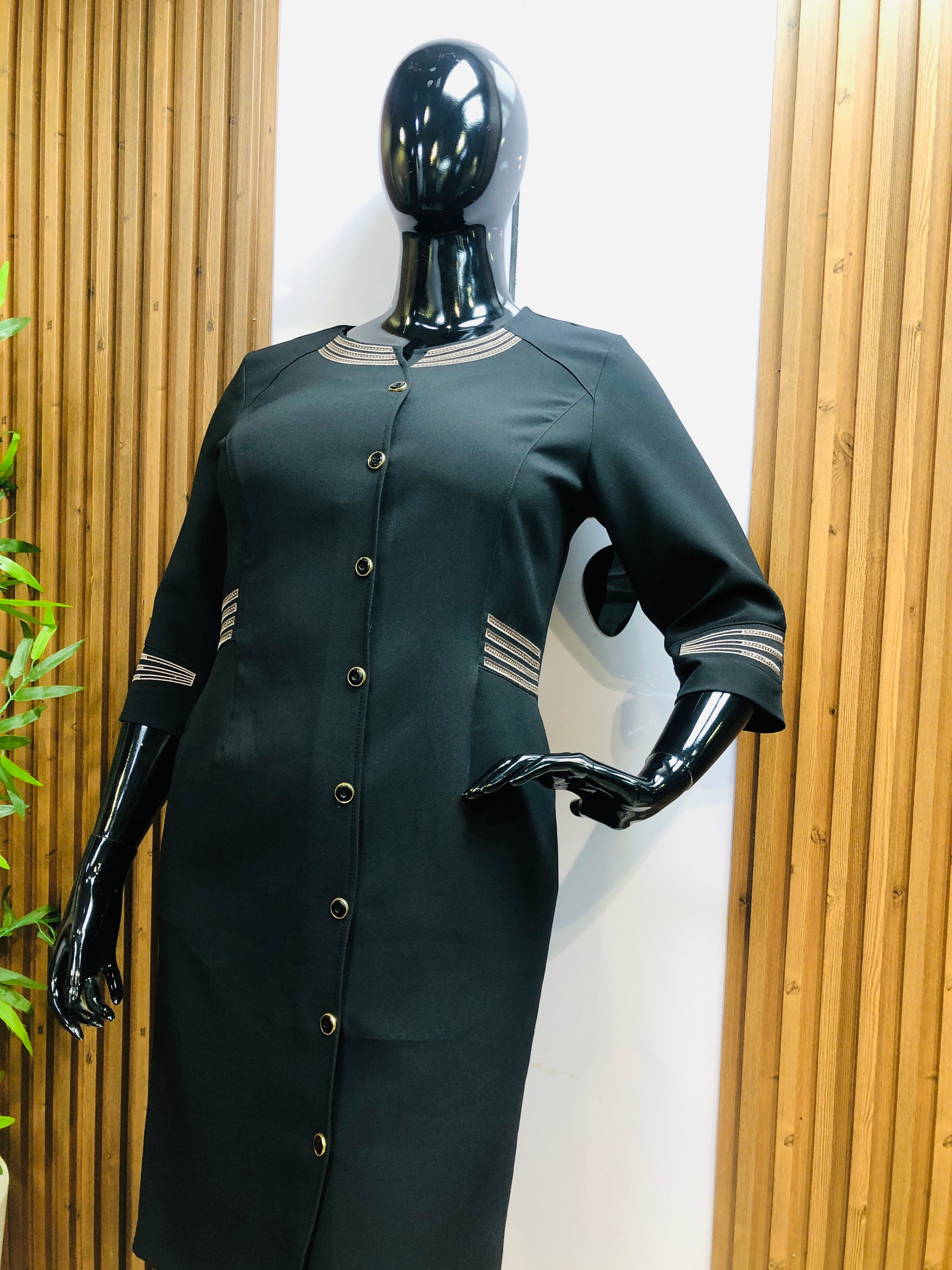 Elegant Black Corporate Dress with Mesh Sleeves
(7254)