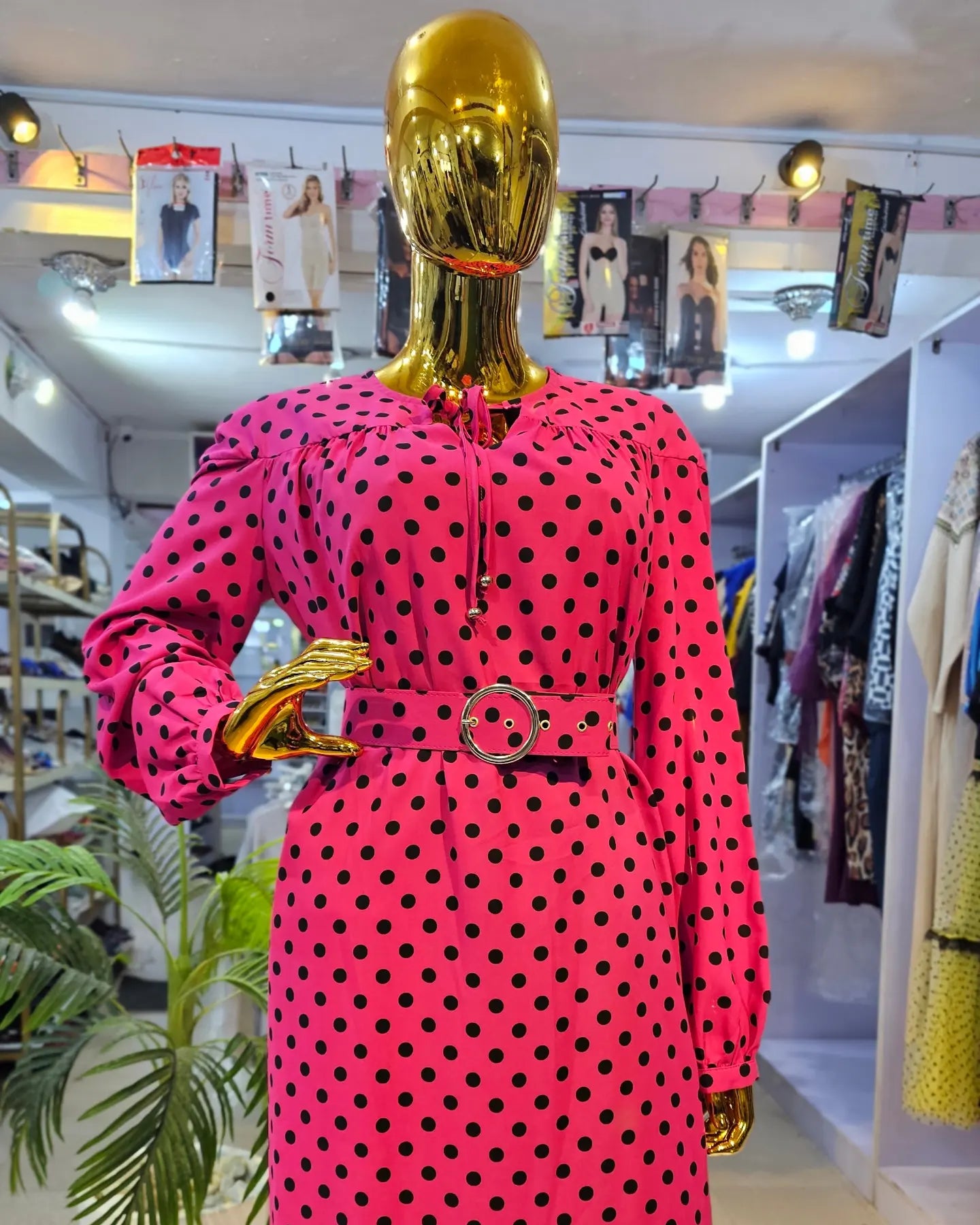 Polka Dot Tie Neck Smock Dress