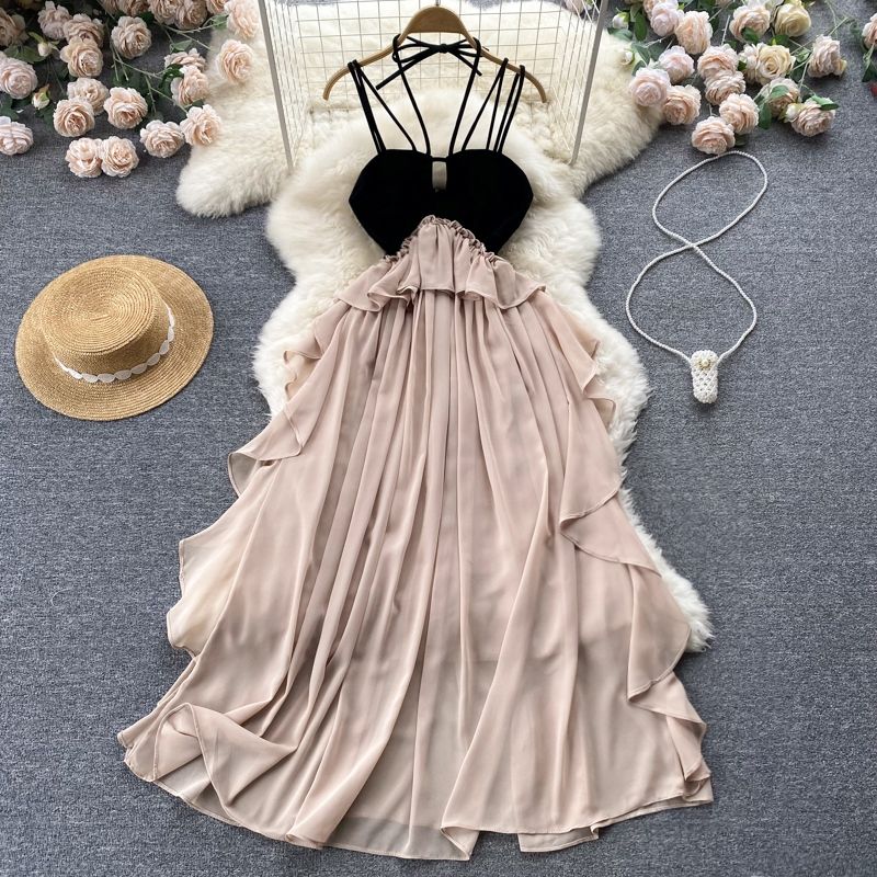 French Irregular Elegant Party Dress Women Summer Fashion High Waisted A-line Beach Long Dresses Ladies Stitching Chiffon Dress