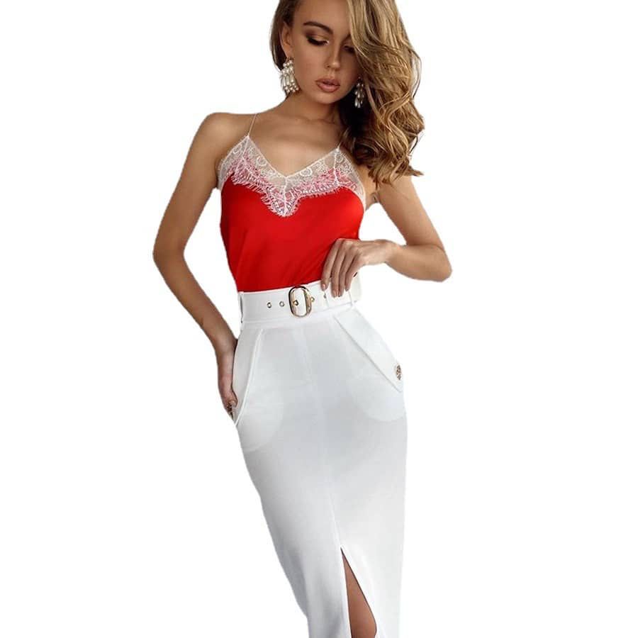 Belted Slit Bandage Midi Skirt