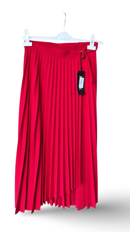 Red Pleated Shark-bite Midi Skirt