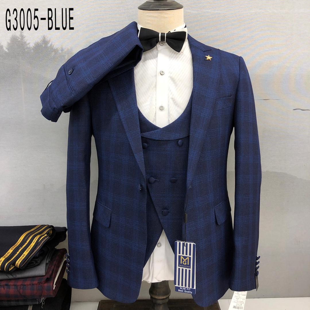 Men Classic Slim-fit 1-Buttoned Check Suit - G3005 - Blue