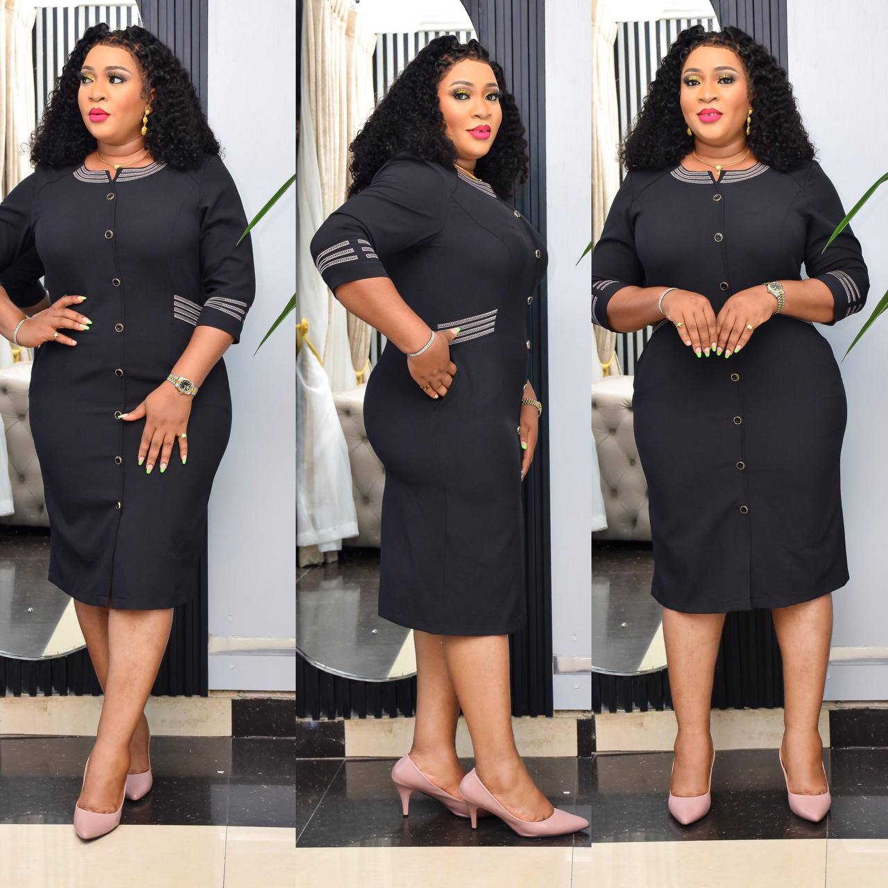 Elegant Black Corporate Dress with Mesh Sleeves
(7254)