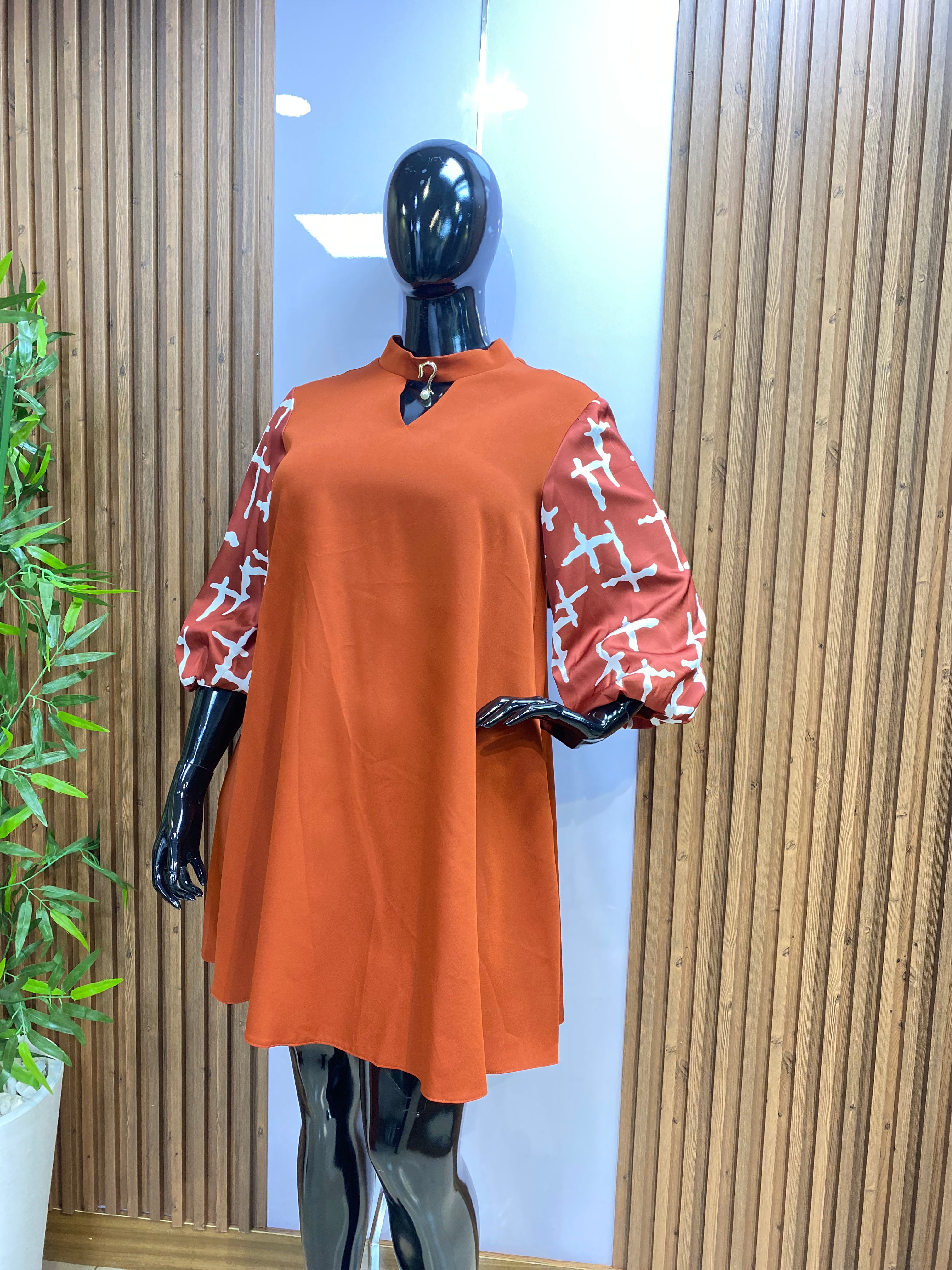 Orange A-Line Dress with Patterned Bell Sleeves – Trendy Casual Outfit for Women