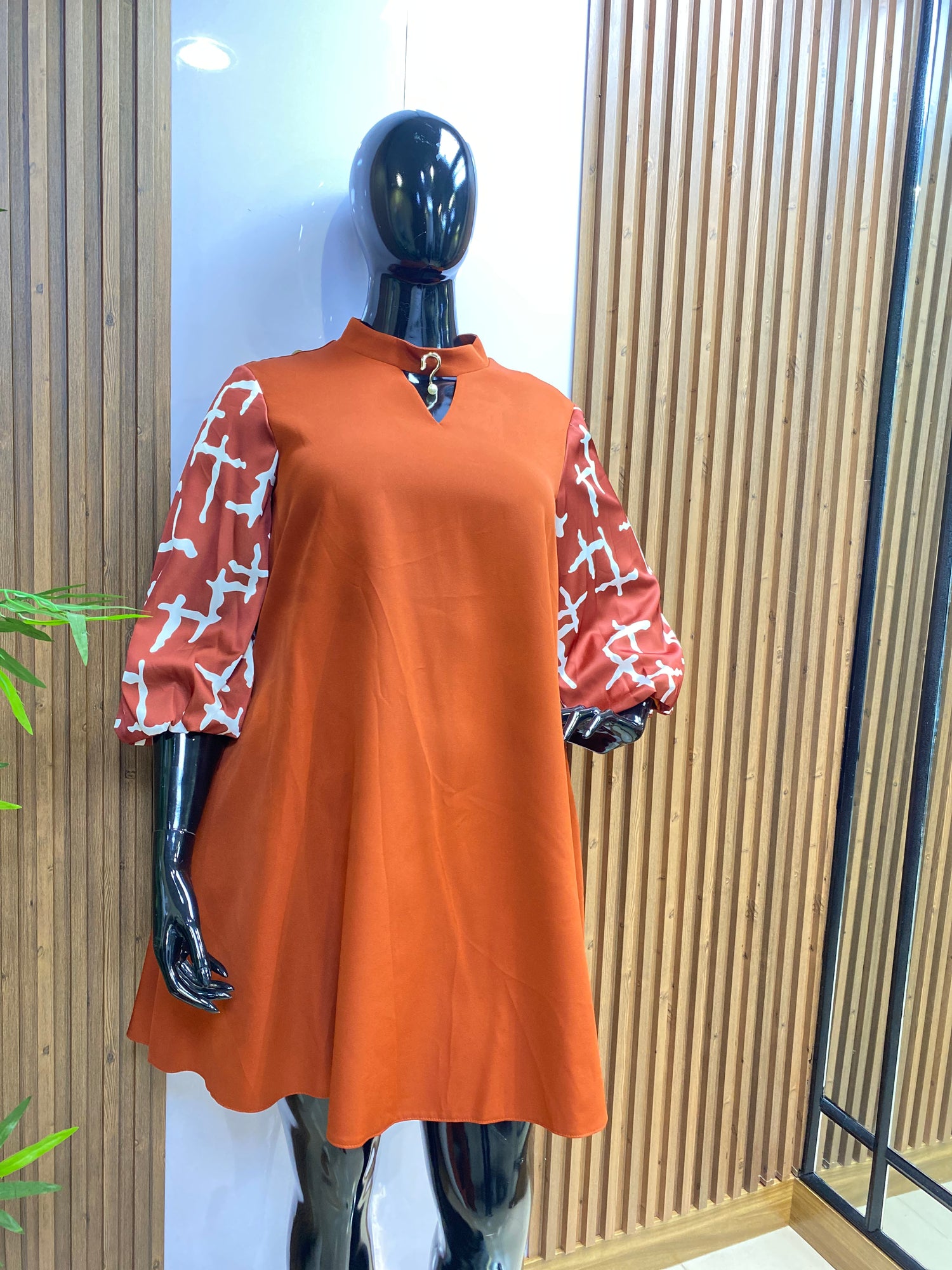 Orange A-Line Dress with Patterned Bell Sleeves – Trendy Casual Outfit for Women