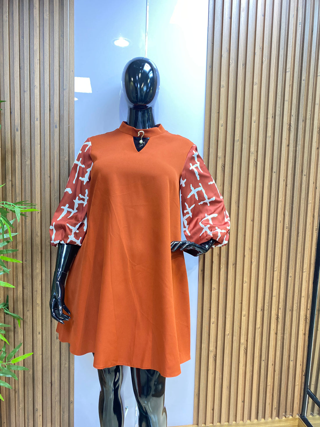 Orange A-Line Dress with Patterned Bell Sleeves – Trendy Casual Outfit for Women