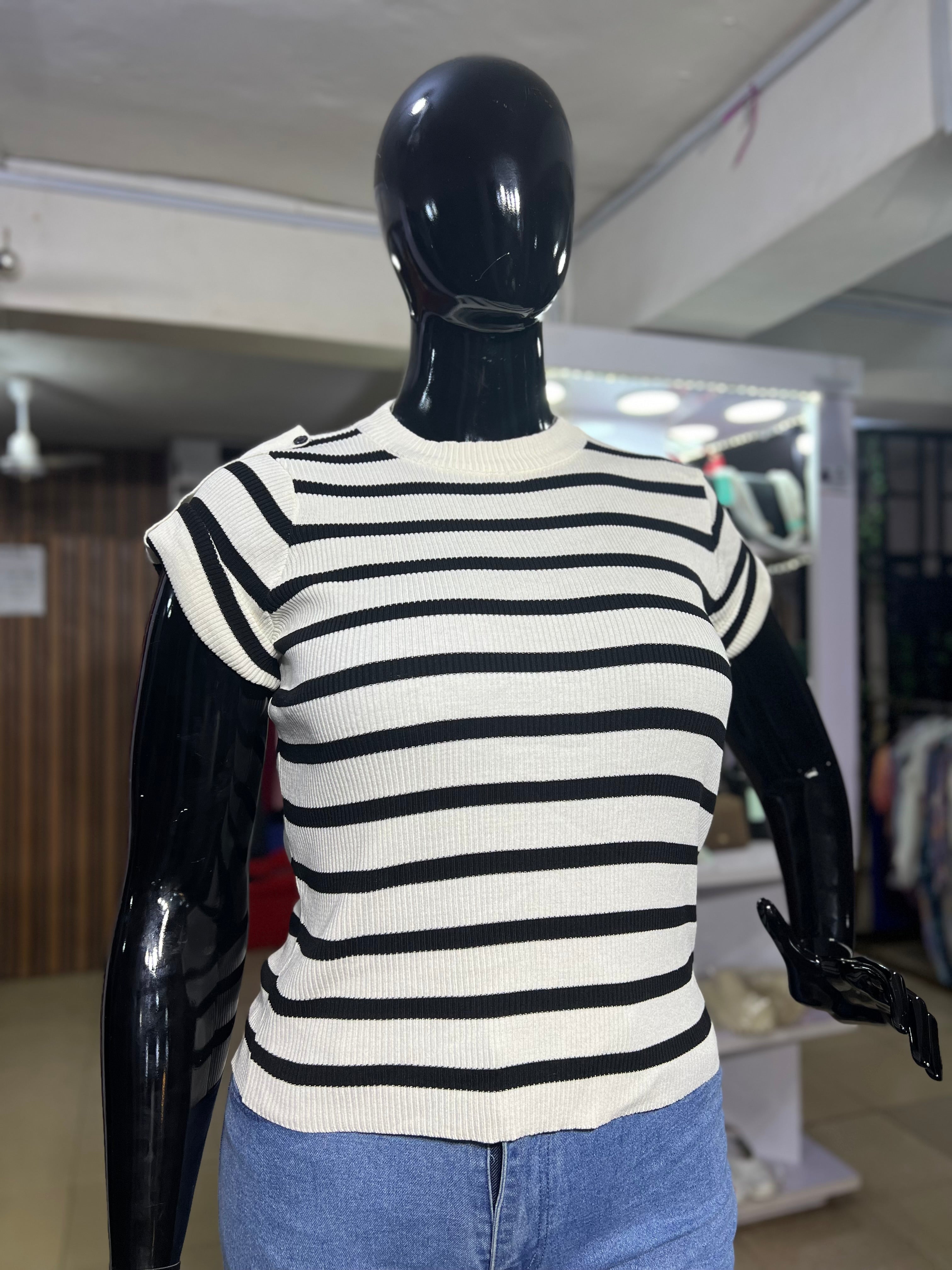 Ladies White and Black Horizontal Striped Top