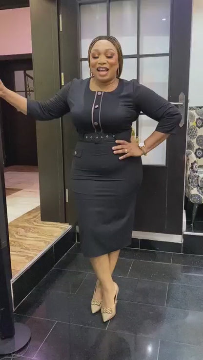 Sophisticated Black Pencil Midi Dress for Work
 (4250)