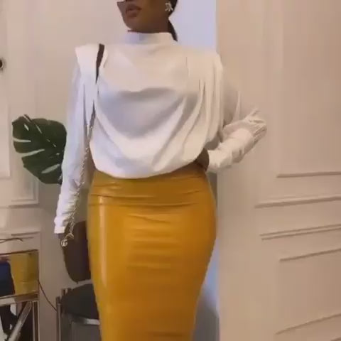 Women Leather Pencil Skirt in Yellow