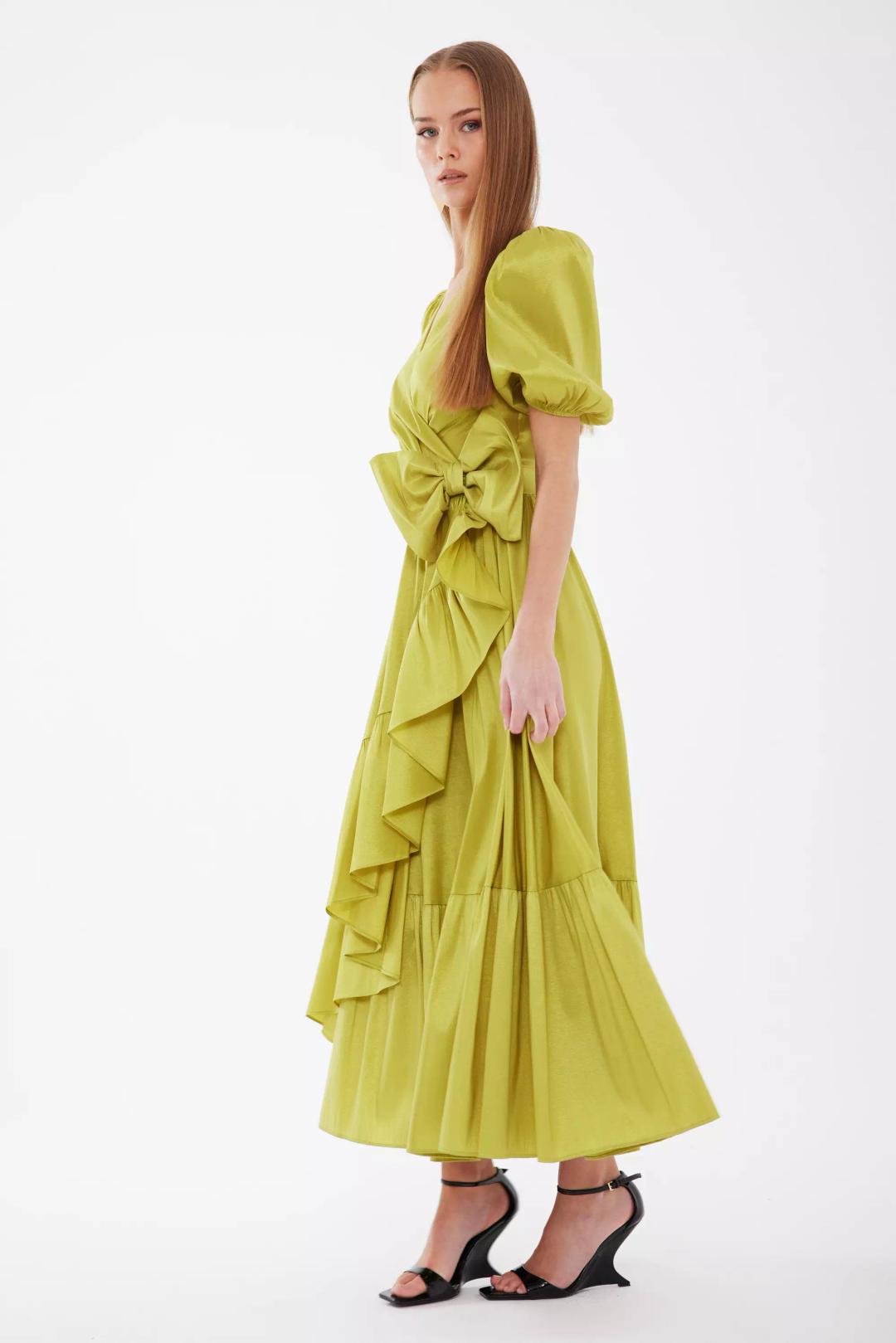 Peanut Green Tafta Midi Dress