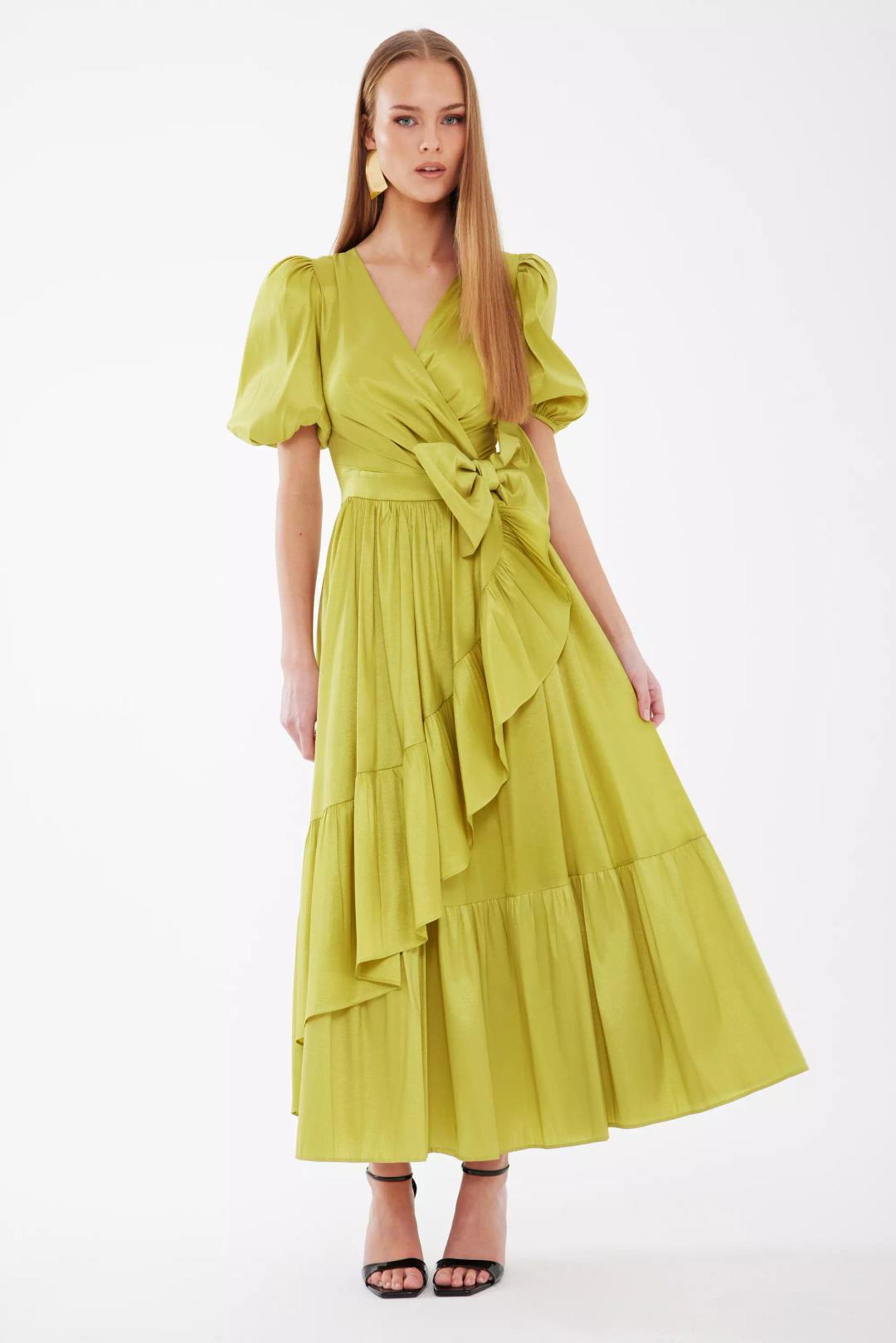 Peanut Green Tafta Midi Dress