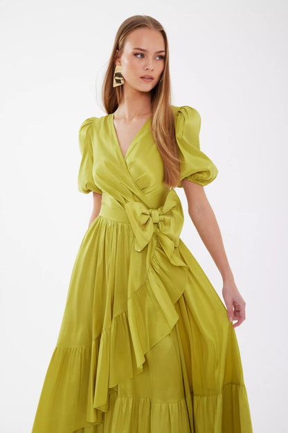 Peanut Green Tafta Midi Dress