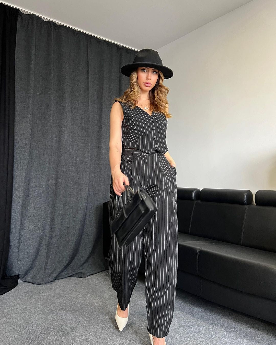 Black Pin Stripe Pant and Sleeveless Jacket